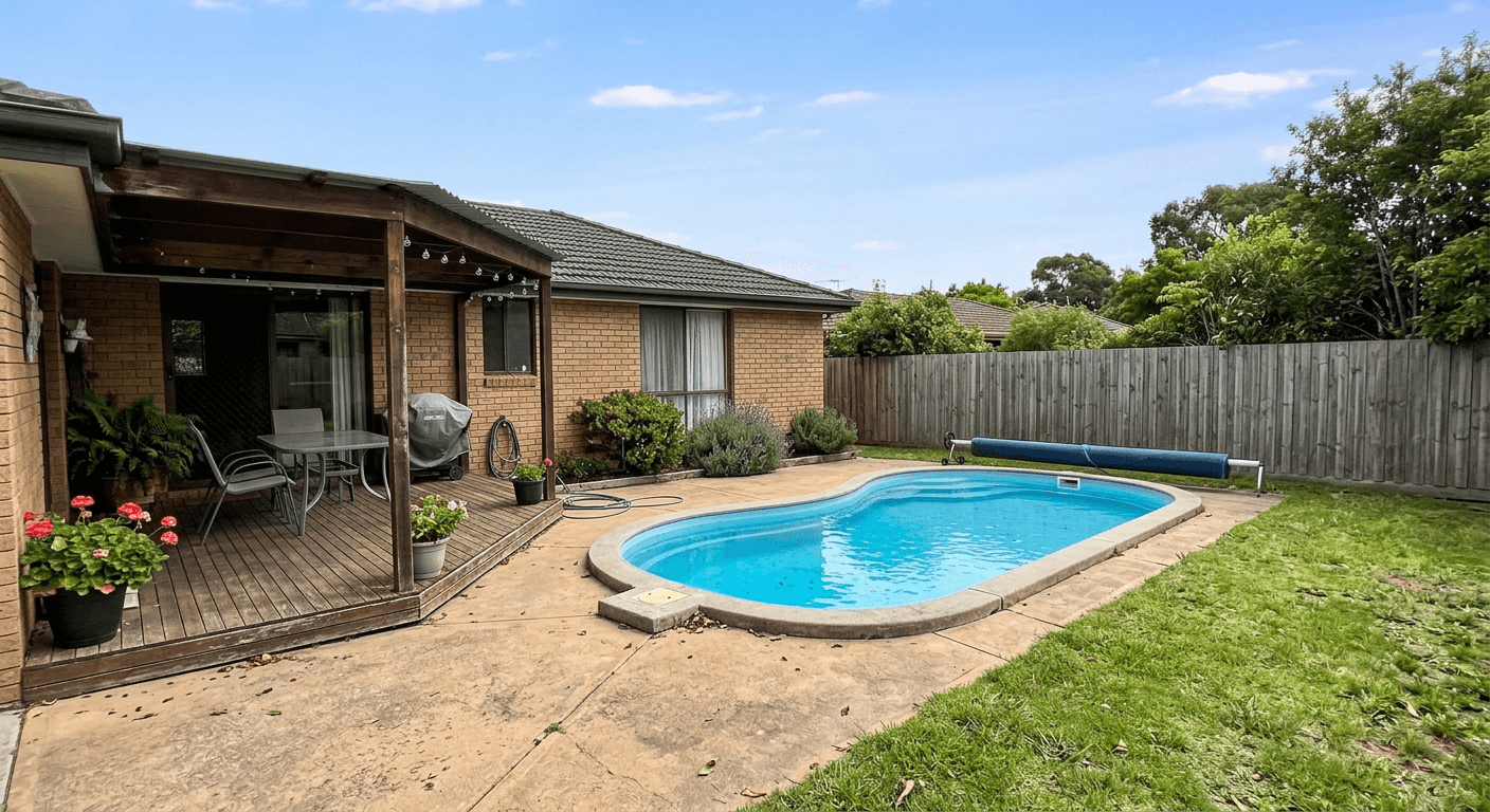 A photo of an open pool beside a timber deck, as a homeowner might upload it