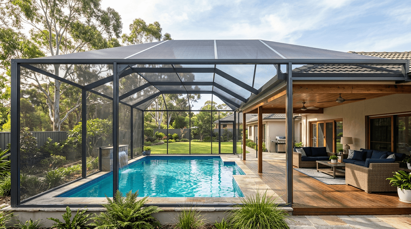 A pool and covered timber patio inside a charcoal screened enclosure, an AI-generated sample picture